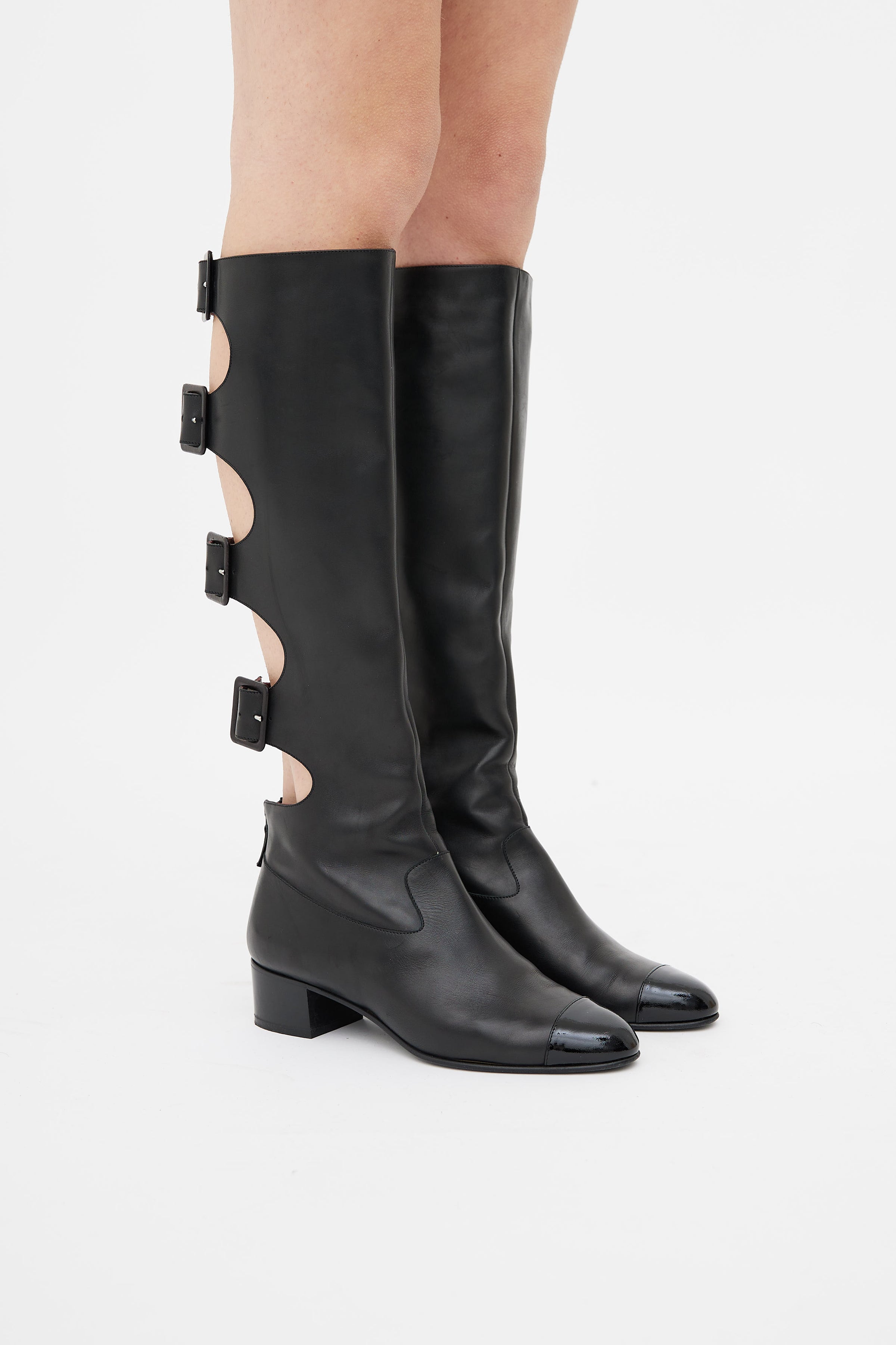 Chanel Black Leather Cap Toe Knee High Boots  Consign Chanel Canada