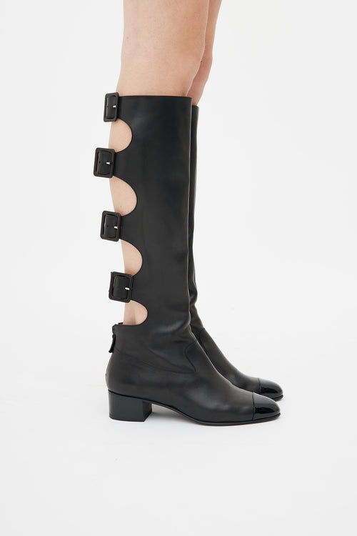 Chanel Black Leather Gladiator Buckle Knee High Boot