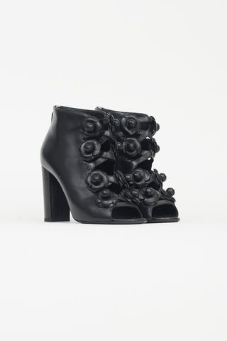 Chanel Black Leather Camellia Caged Bootie