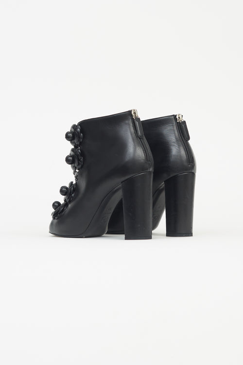 Chanel Black Leather Camellia Caged Bootie