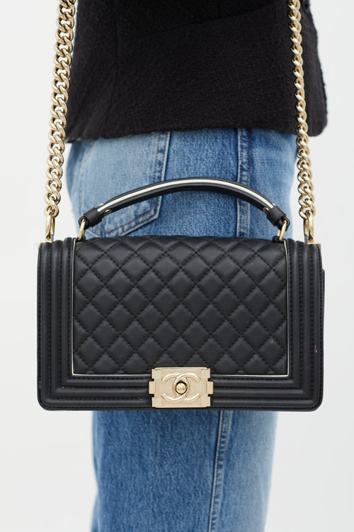 Chanel Black Quilted Leather White Trim Boy Bag
