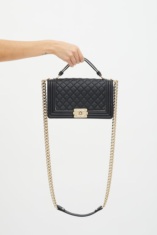 Chanel Black Quilted Leather White Trim Boy Bag