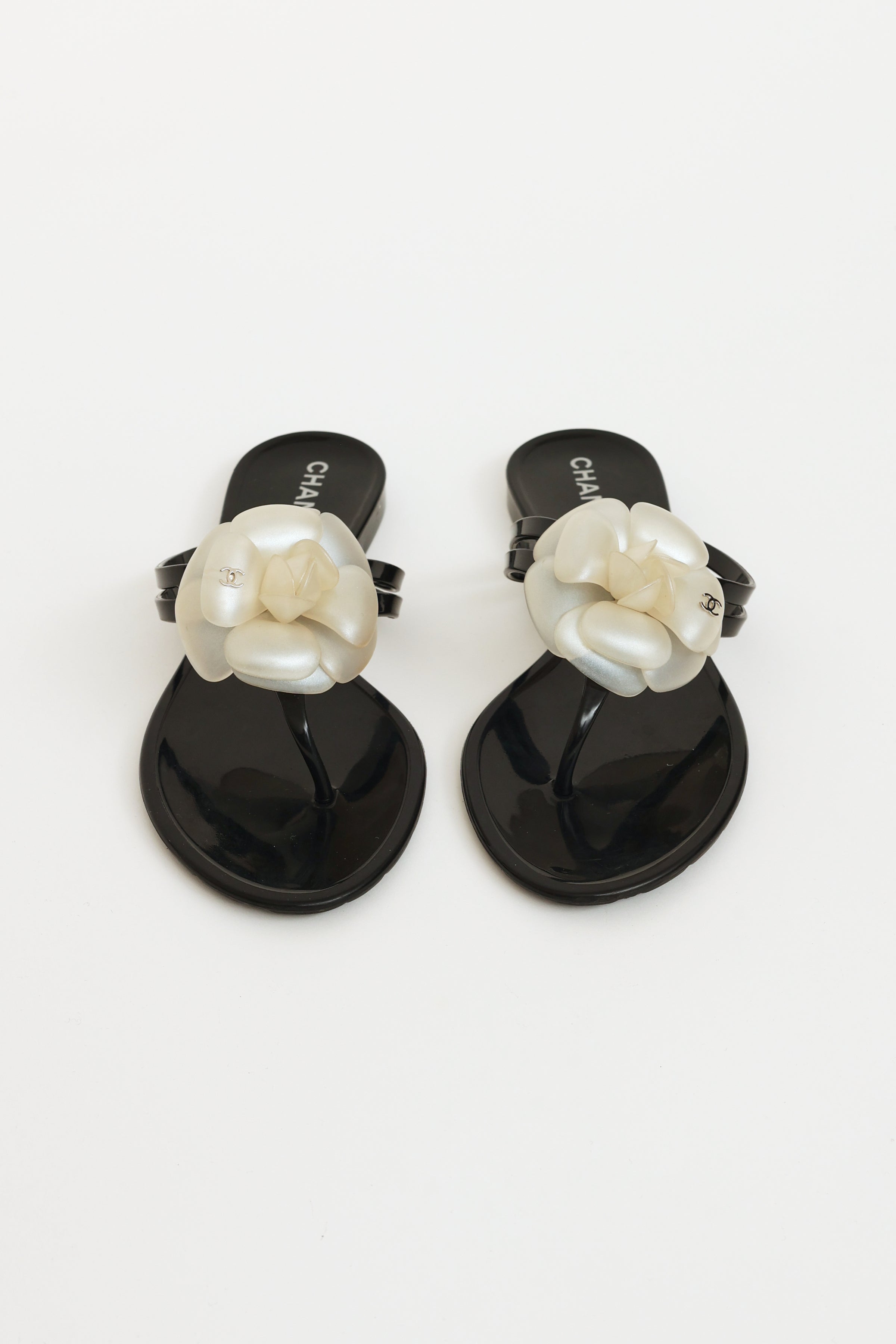 Auth CHANEL CC Camellia Thong Jelly Rubber Sandals 36 Black/Ivory New fm  Japan