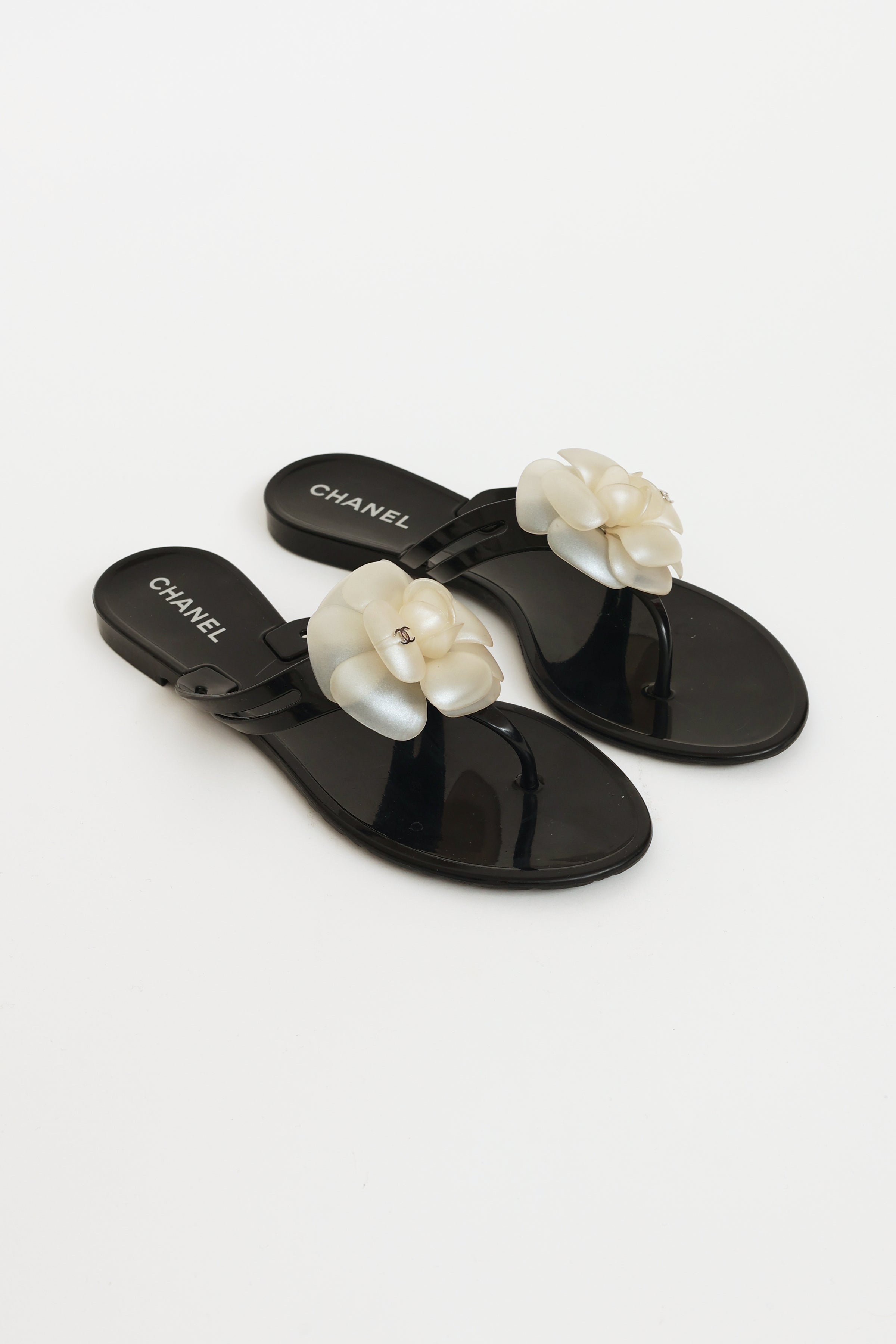 Chanel Gold Glitter Rubber Camellia Flower Sandals Size 6.5/37