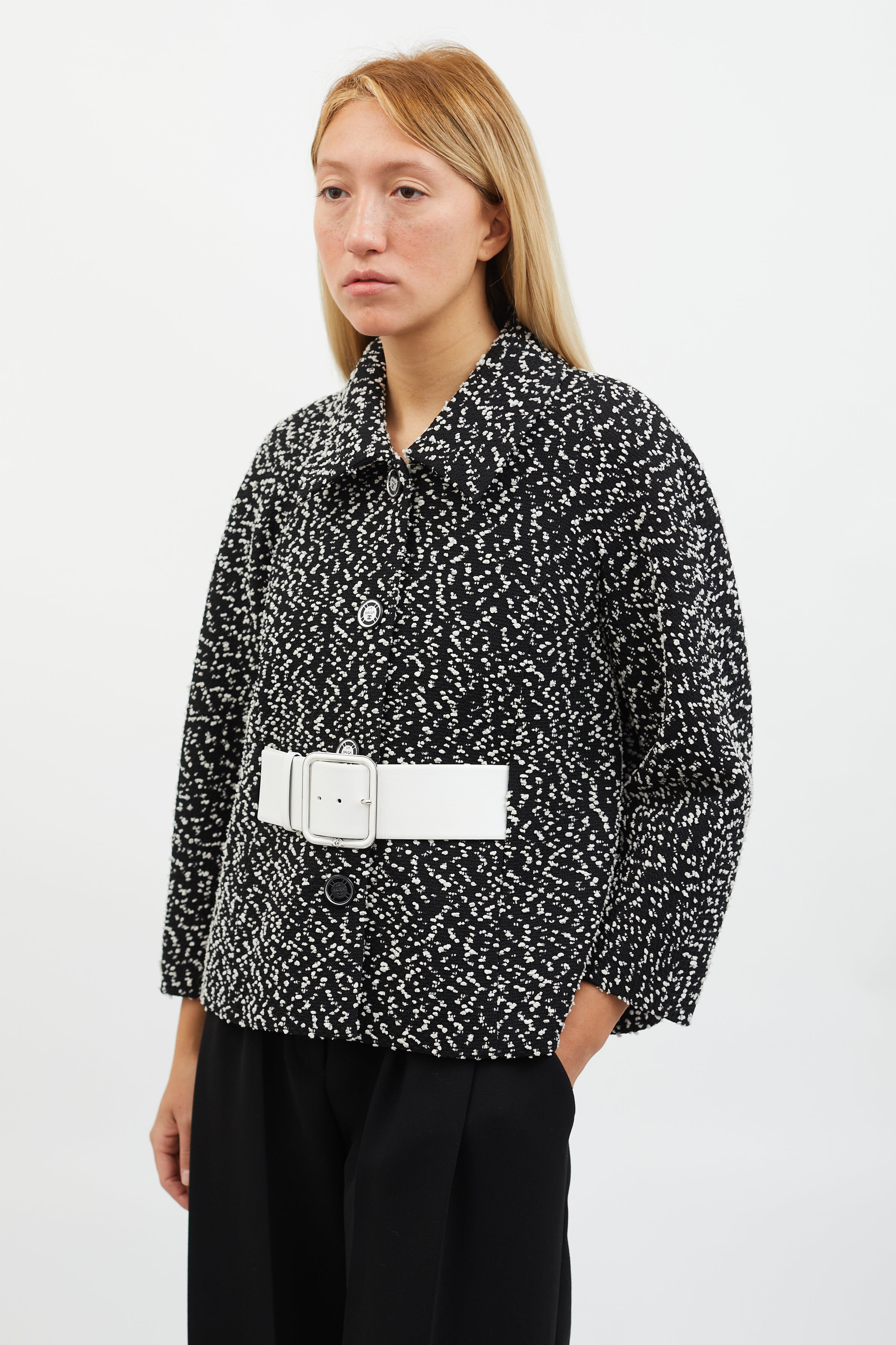 Chanel  SS 2022 Black  White Bouclé Belted Cropped Jacket  VSP  Consignment