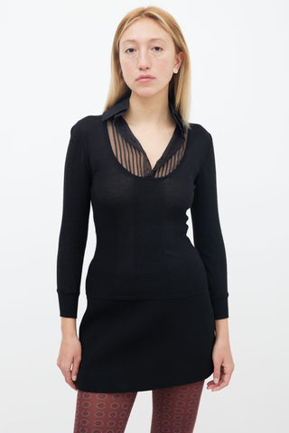 Chanel Black Cashmere & Silk Knit Sheer Pleated Collar Top