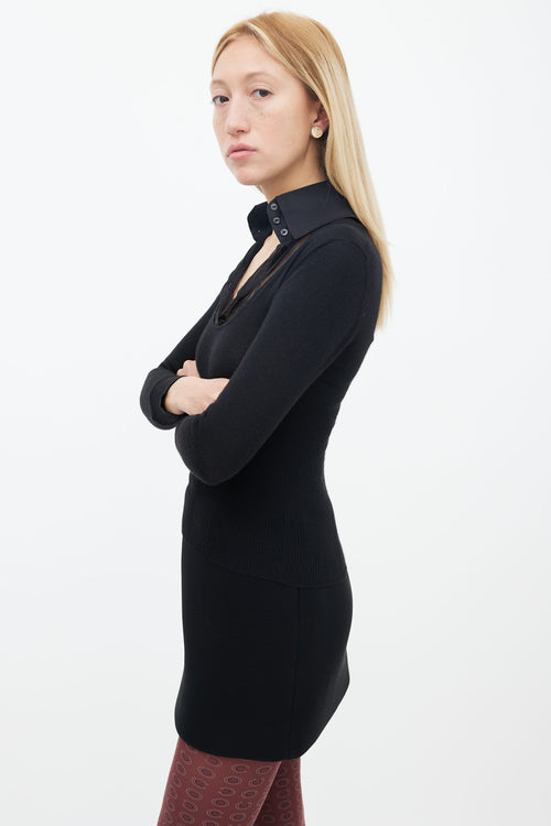Chanel Black Cashmere & Silk Knit Sheer Pleated Collar Top