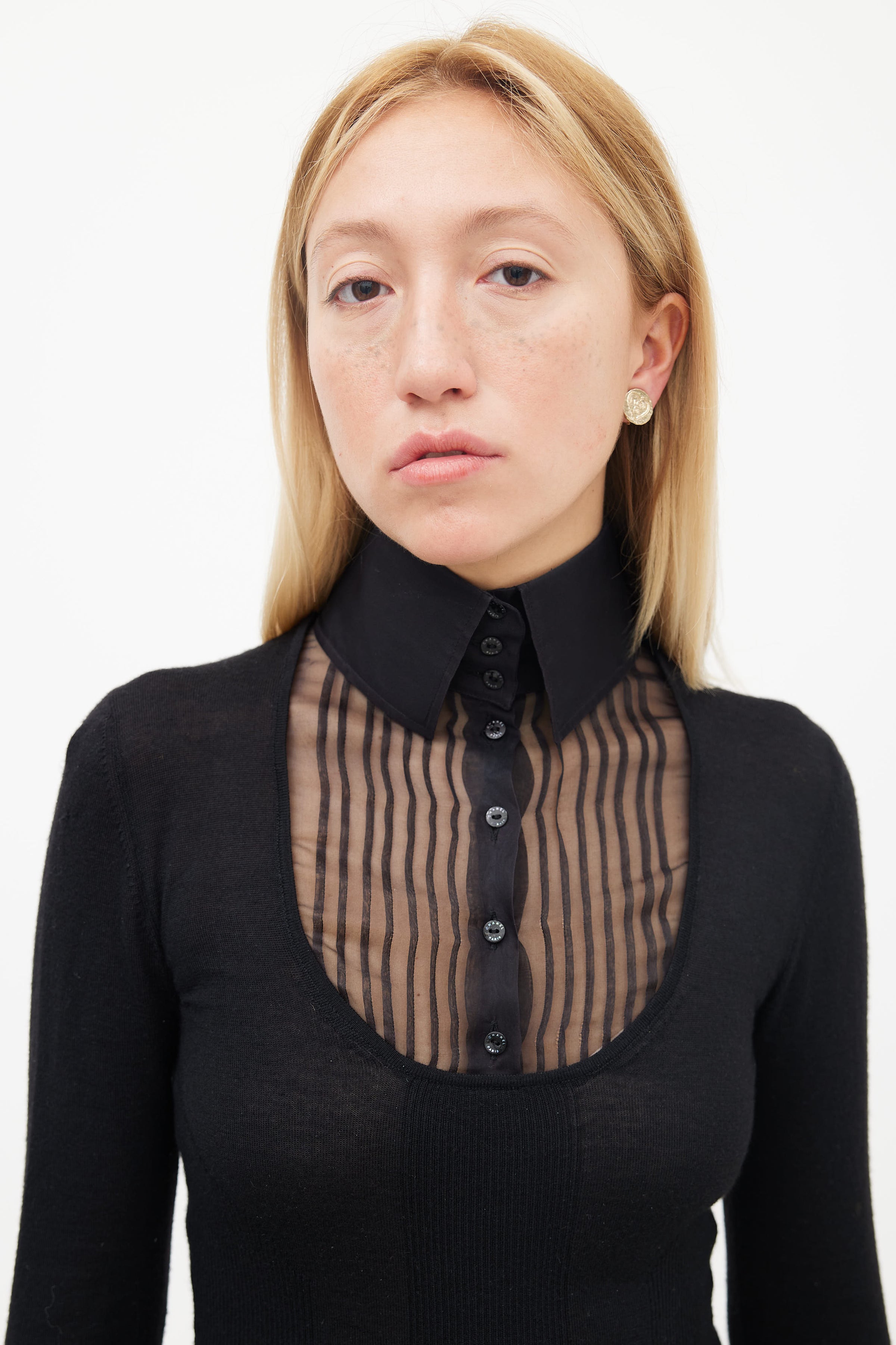 Chanel // Black Cashmere & Silk Knit Sheer Pleated Collar Top