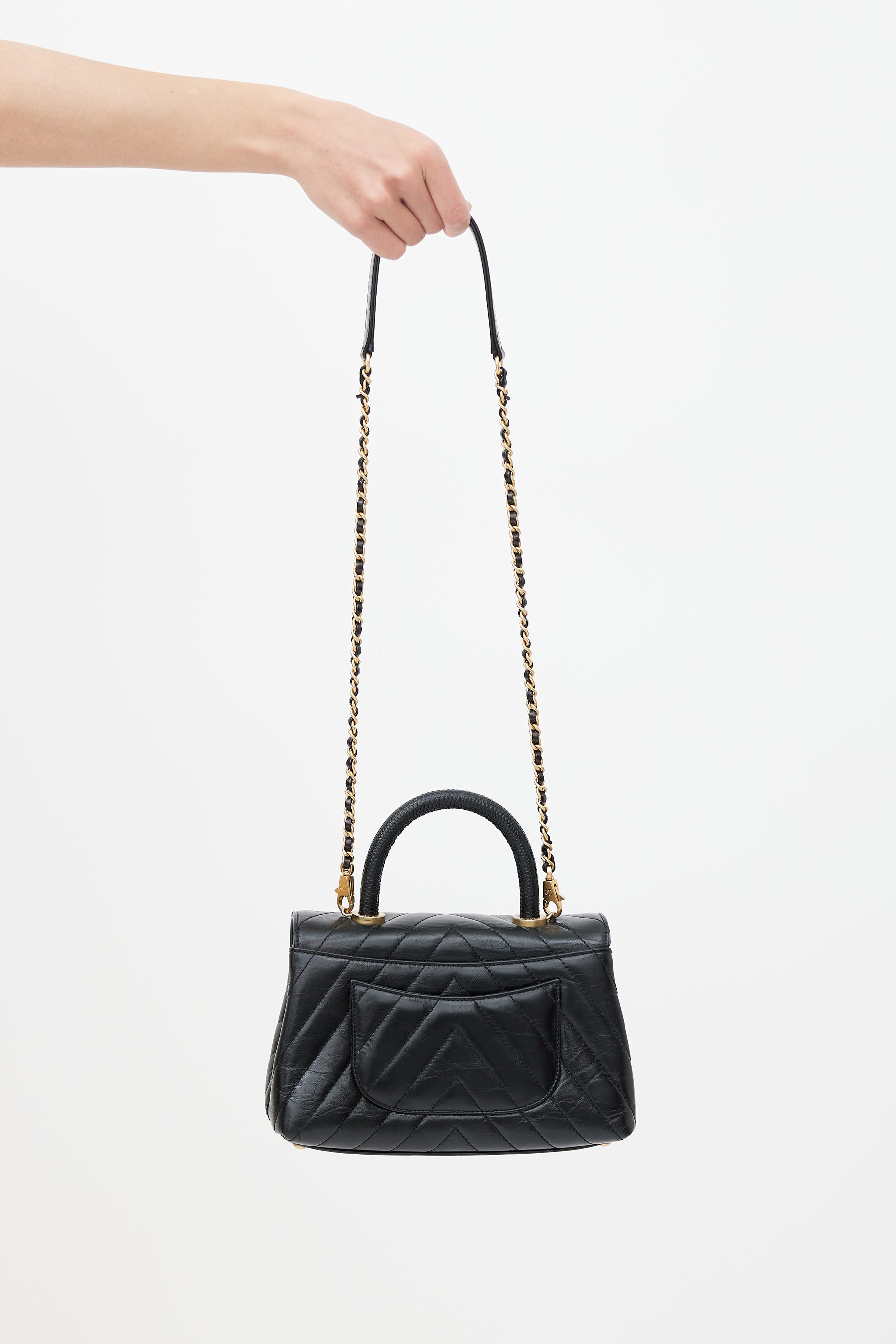 Chanel // Black Aged Calfskin Chevron Small Coco Lizard Handle Bag 