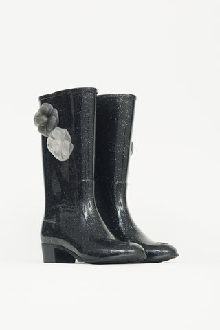 Chanel Black Sparkle Camellia Rubber Boot