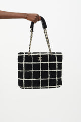 Chanel Black Checkered Leather Shoulder Bag Shopper Tote