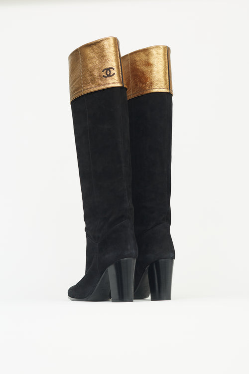 Chanel Black and Gold Suede Knee-High  Boot