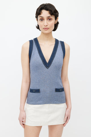 Chanel 2007 Blue Silk Blend Denim Trim Vest