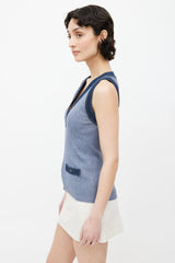 Chanel 2007 Blue Silk Blend Denim Trim Vest