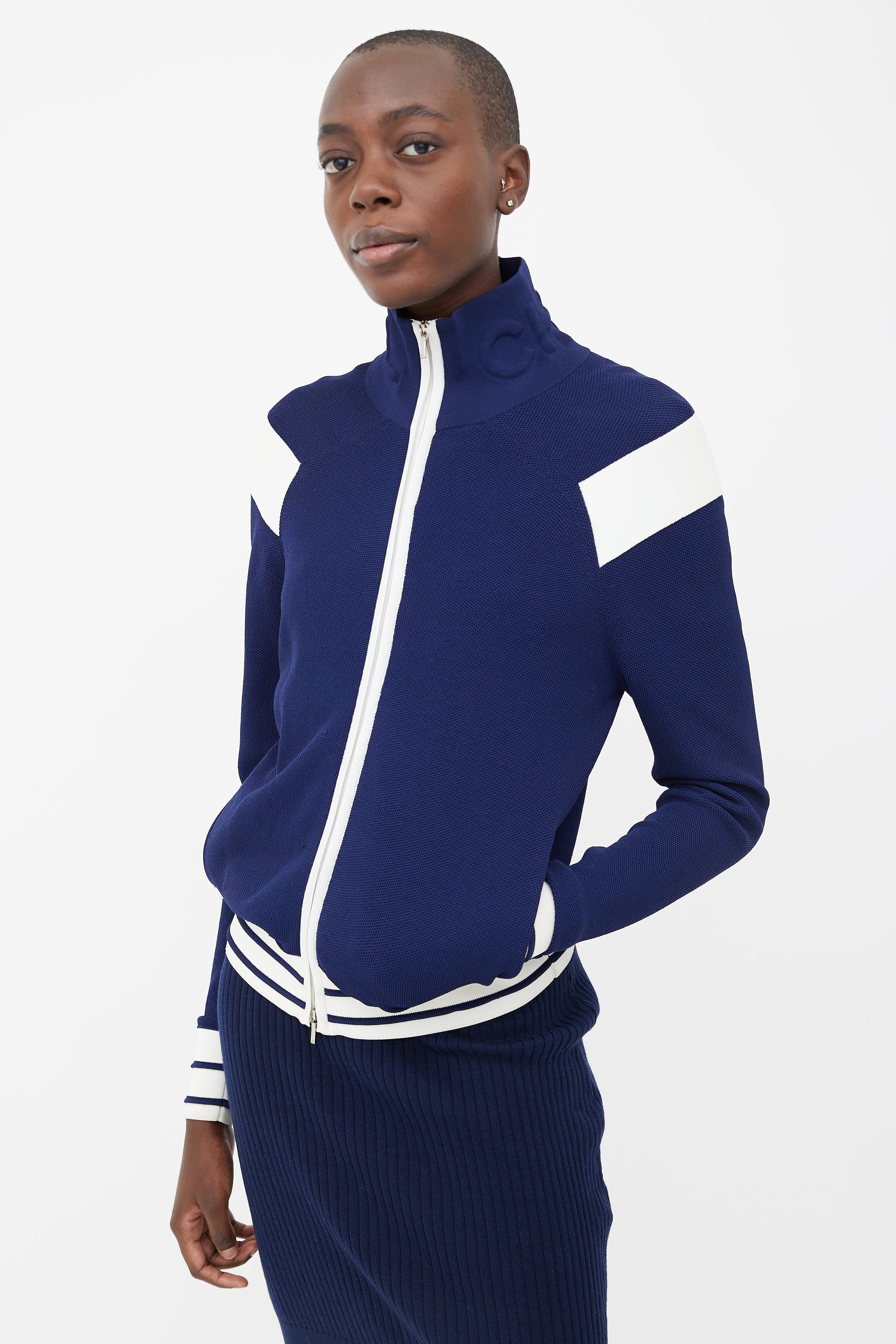 Chanel // Navy & Cream Mock Neck Zip-Up Track Jacket – VSP Consignment