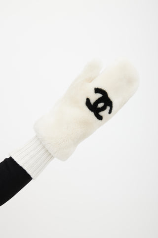 Chanel Cream & Black Fur Logo Mittens