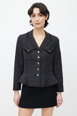 Chanel Dark Grey Silk Two Chest Pocket Raw Hem Blazer