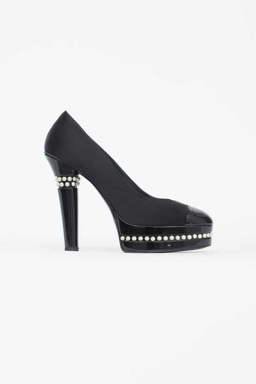 Chanel F09 Black Satin & Patent Leather Pearl Moscow Pump