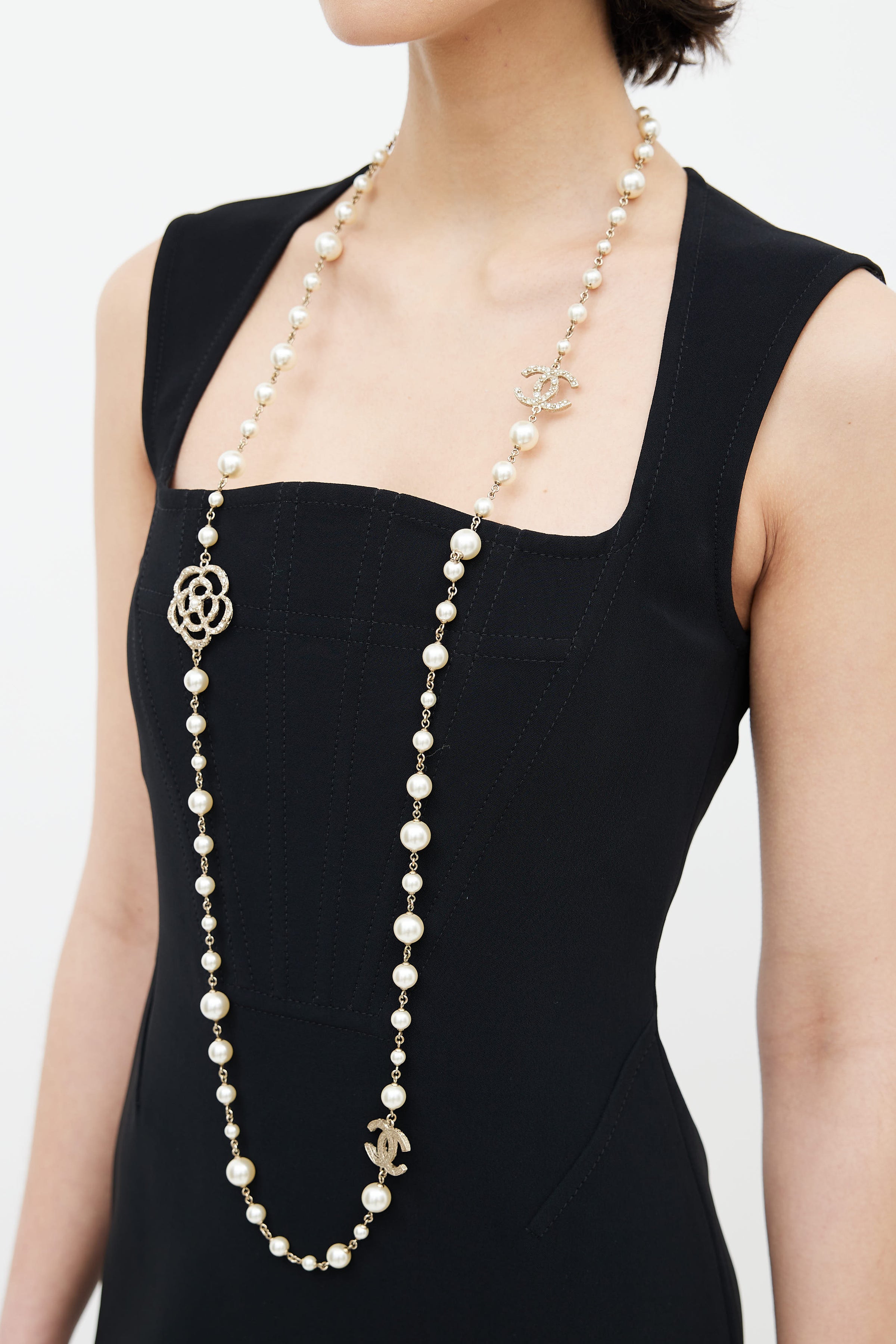 Vintage 90s CHANEL Chain Link Faux Pearl Long Necklace 