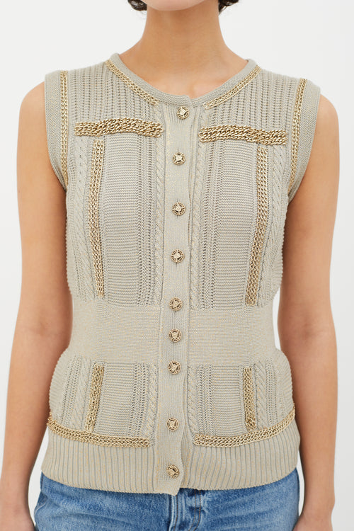 Chanel Grey & Gold Spring 2008 Metallic Knit & Chain Link Cardigan Vest