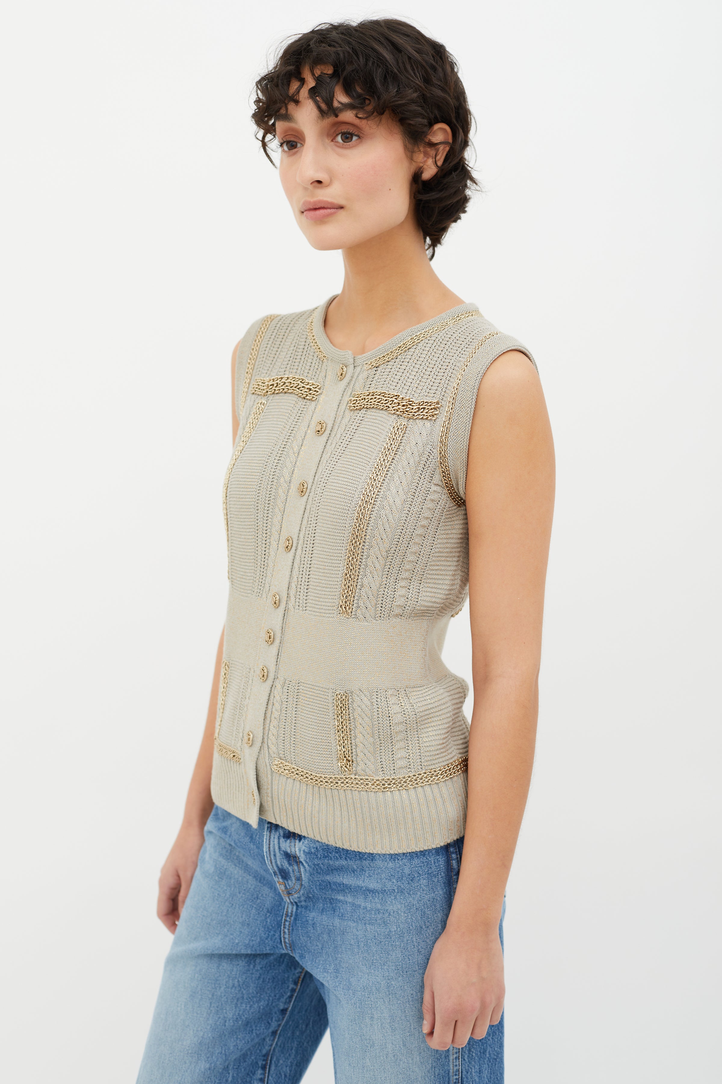 Chanel // Grey & Gold Spring 2008 Metallic Knit & Chain Link Cardigan Vest  – VSP Consignment