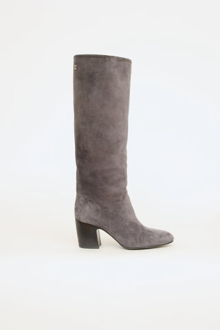 Chanel Grey Suede CC Block Heel Boots
