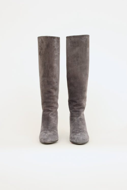 Chanel Grey Suede CC Block Heel Boots