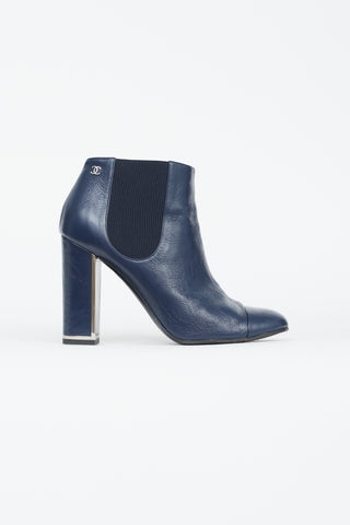 Chanel Navy Leather Silver Heel Trim Ankle Bootie