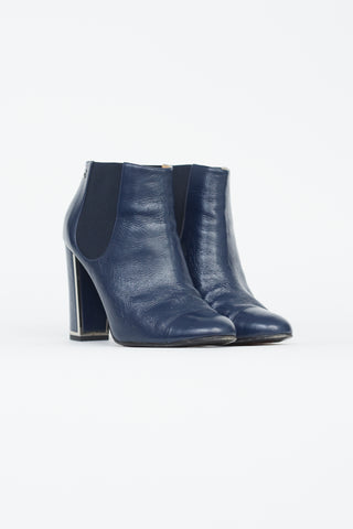 Chanel Navy Leather Silver Heel Trim Ankle Bootie
