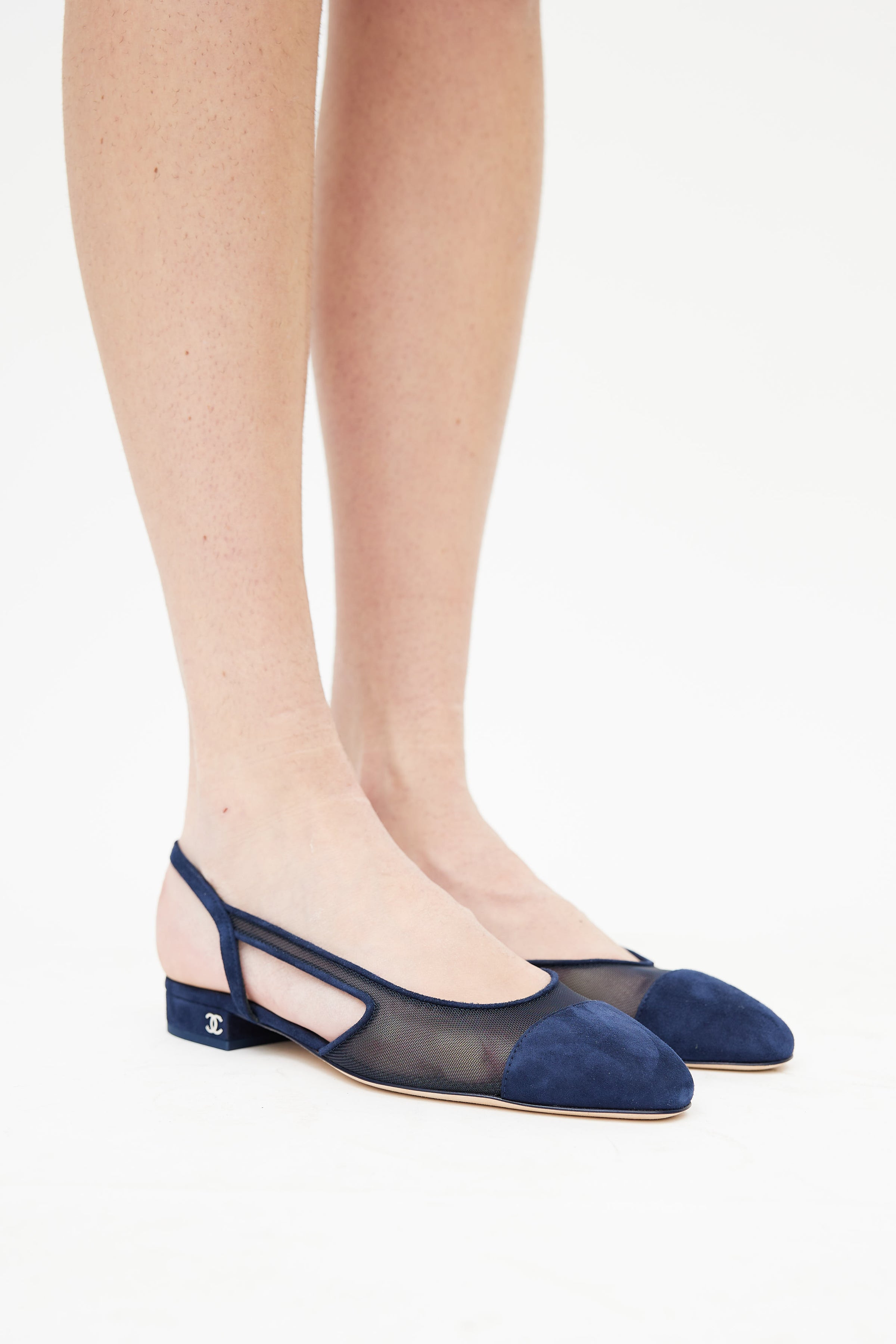 Chanel // Navy Suede & Mesh Slingback Flat – VSP Consignment