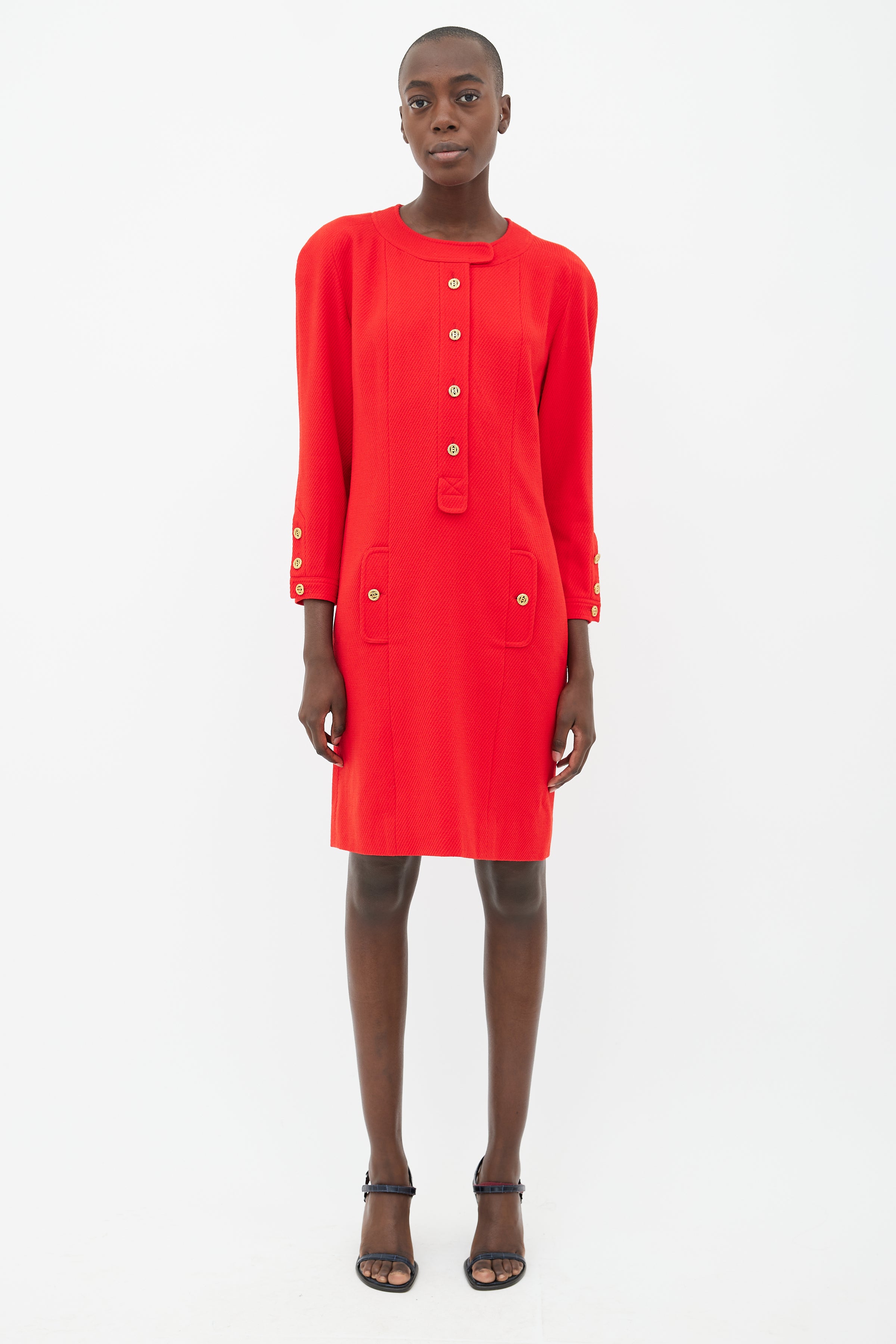Chanel // 90s Red & Gold-Tone Button Wool Dress VSP Consignment Chanel // 90s Red & Gold-Tone Button Wool Dress VSP Consignment