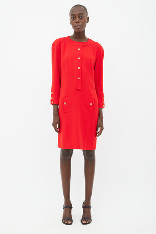 Chanel 90s Red & Gold-Tone Button Wool Dress