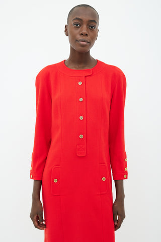 Chanel 90s Red & Gold-Tone Button Wool Dress