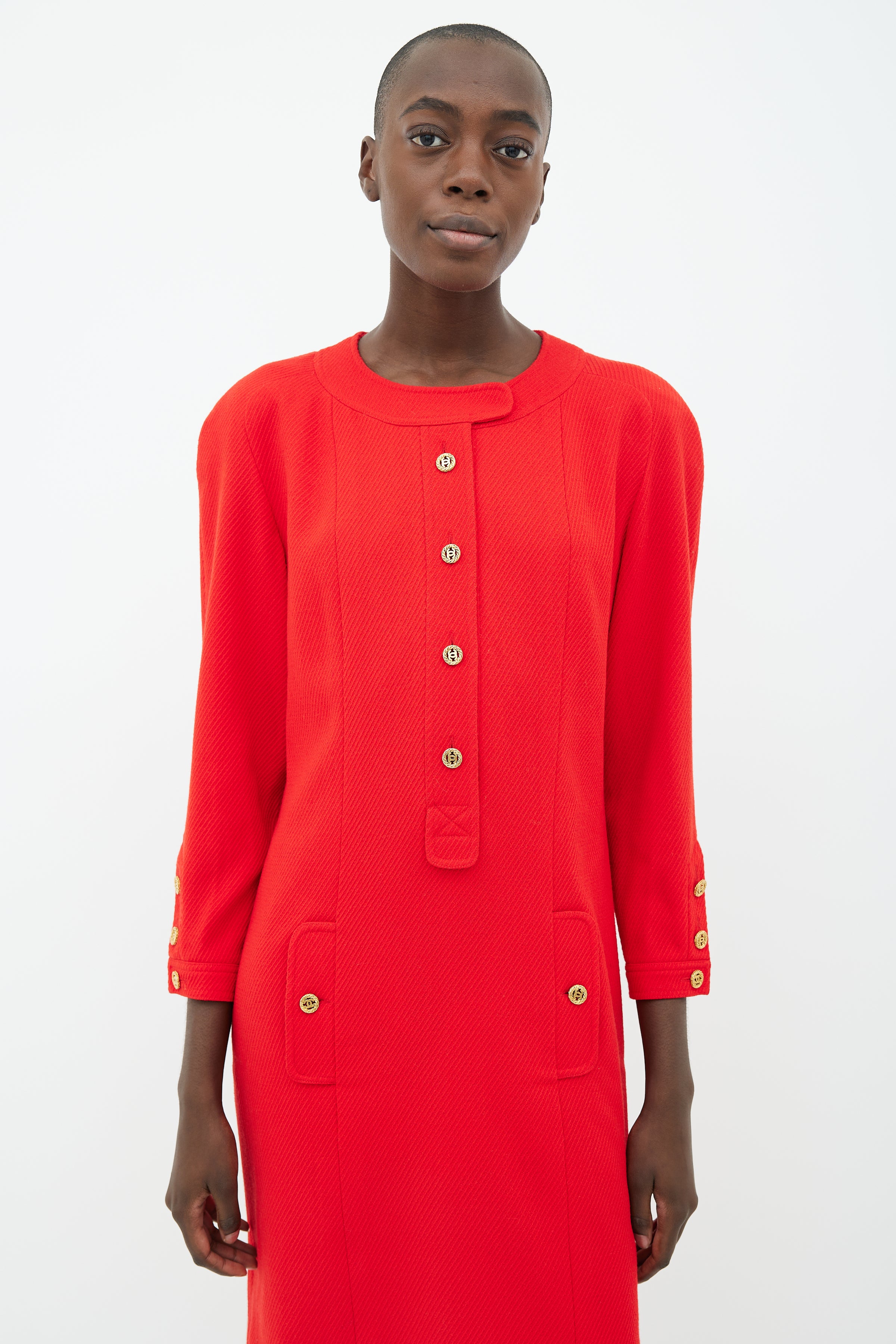 Chanel // 90s Red & Gold-Tone Button Wool Dress VSP Consignment Chanel // 90s Red & Gold-Tone Button Wool Dress VSP Consignment