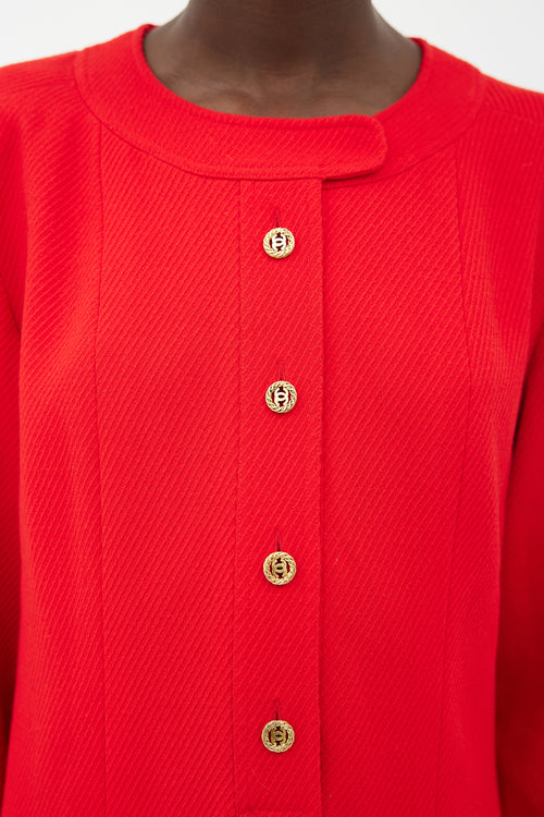 Chanel 90s Red & Gold-Tone Button Wool Dress