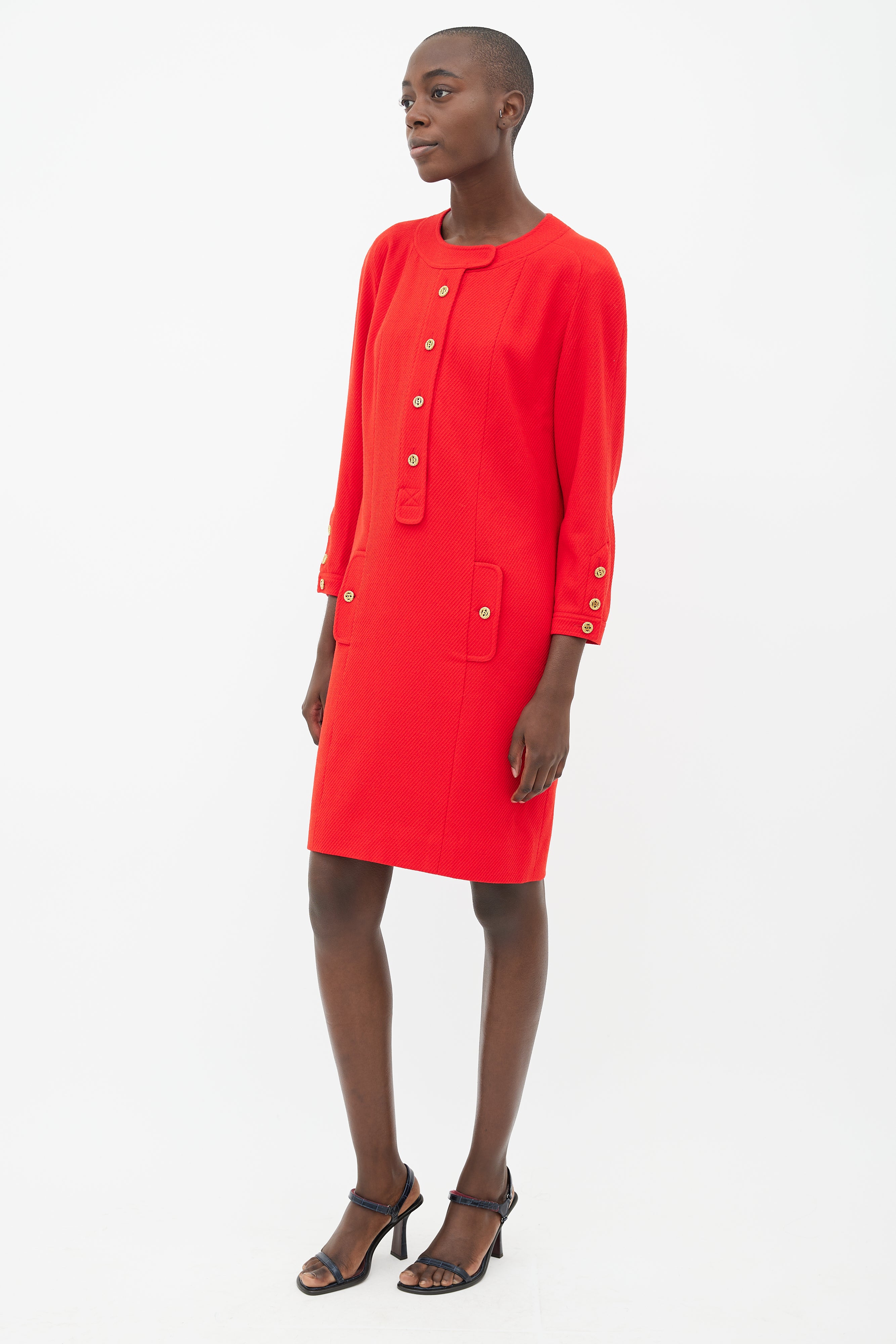Chanel // 90s Red & Gold-Tone Button Wool Dress VSP Consignment Chanel // 90s Red & Gold-Tone Button Wool Dress VSP Consignment