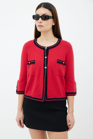Chanel Red & Navy Cashmere Gold-Tone Button Cardigan