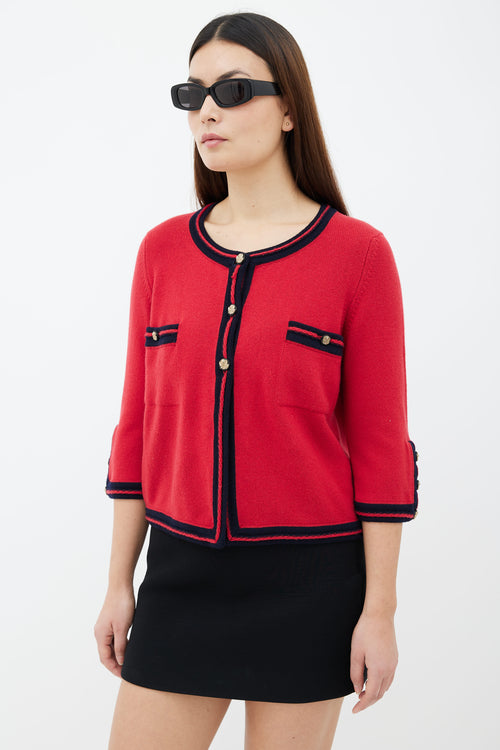 Chanel Red & Navy Cashmere Gold-Tone Button Cardigan