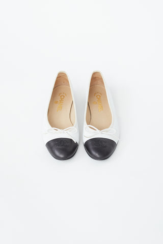 Chanel White & Black Leather Toe Cap Ballet Flat