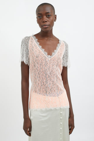 Chanel White & Orange Lace V-Neck Top