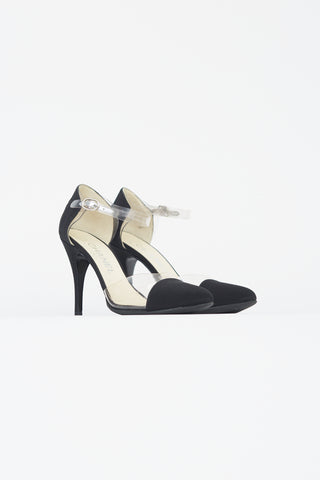Chanel Black Satin PVC Trimmed Heel