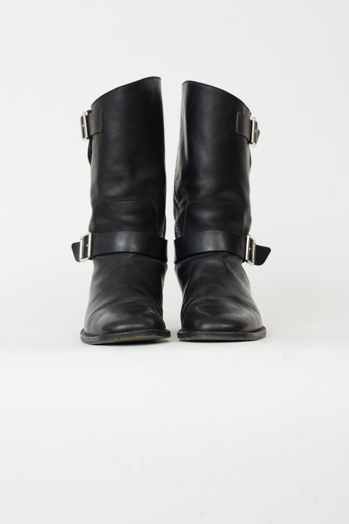 Chanel Black Leather Silver-Tone Buckle & Asymmetric Zipper Boot
