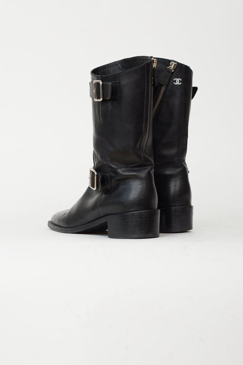 Chanel Black Leather Silver-Tone Buckle & Asymmetric Zipper Boot