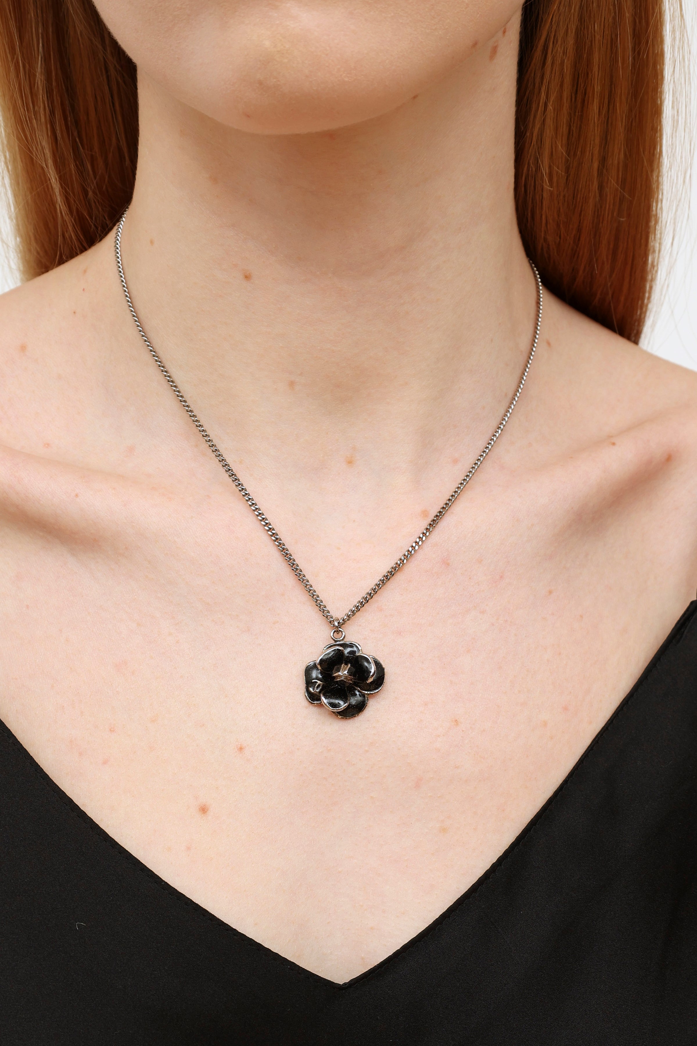 Chanel Black Enamel Camellia Flower Necklace