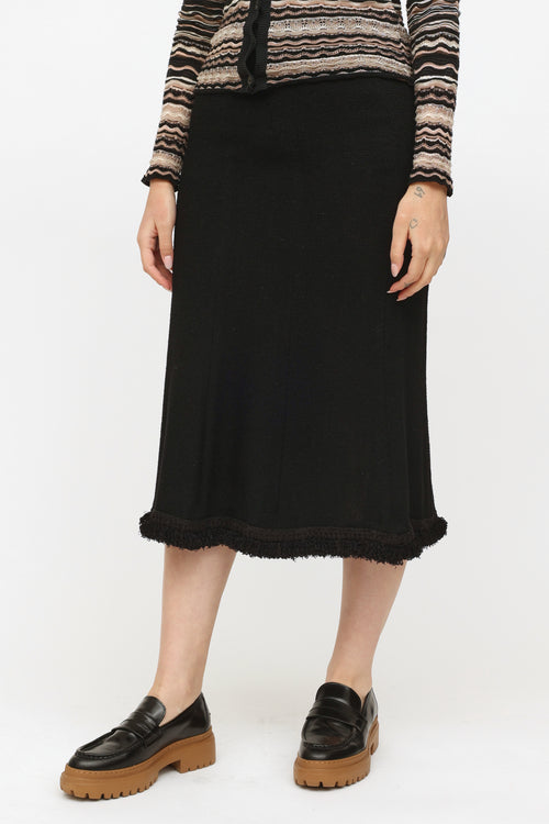 Chanel 2003 Black Wool Midi Fringe Skirt