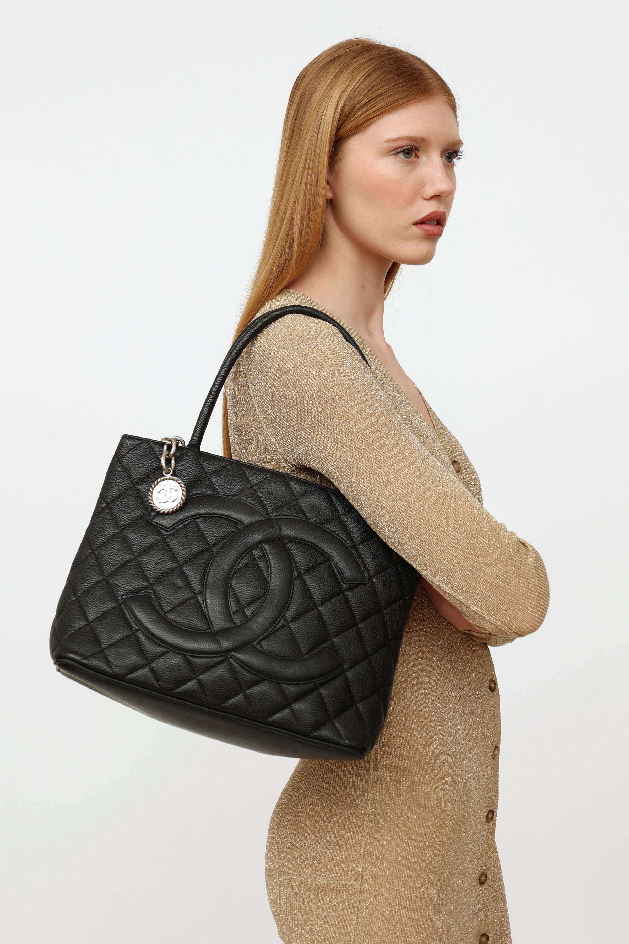 Chanel Quilted Caviar Leather Medallion Tote Bag