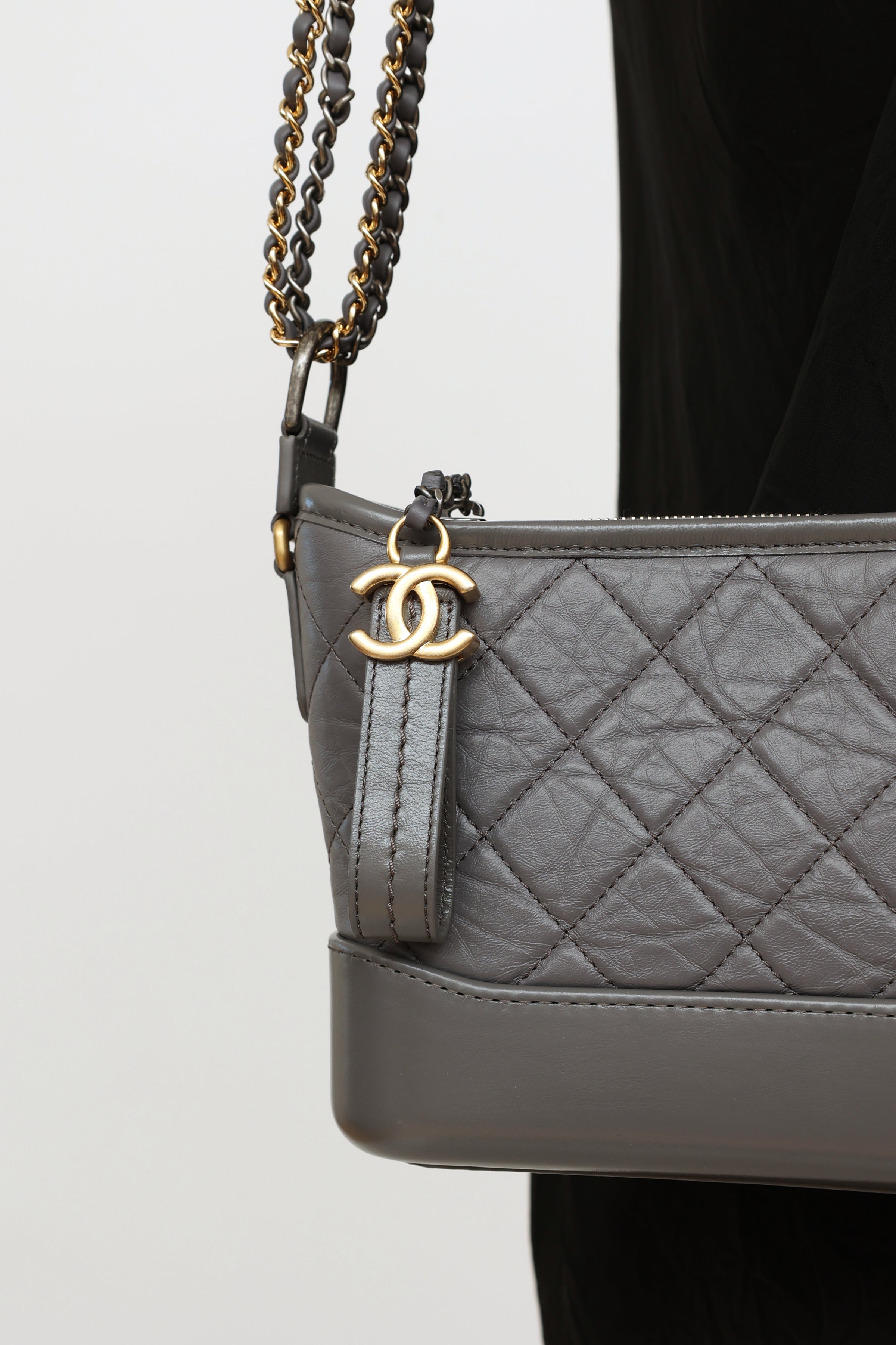 Chanel Aged Calfskin Quilted Small Gabrielle Hobo Grey 