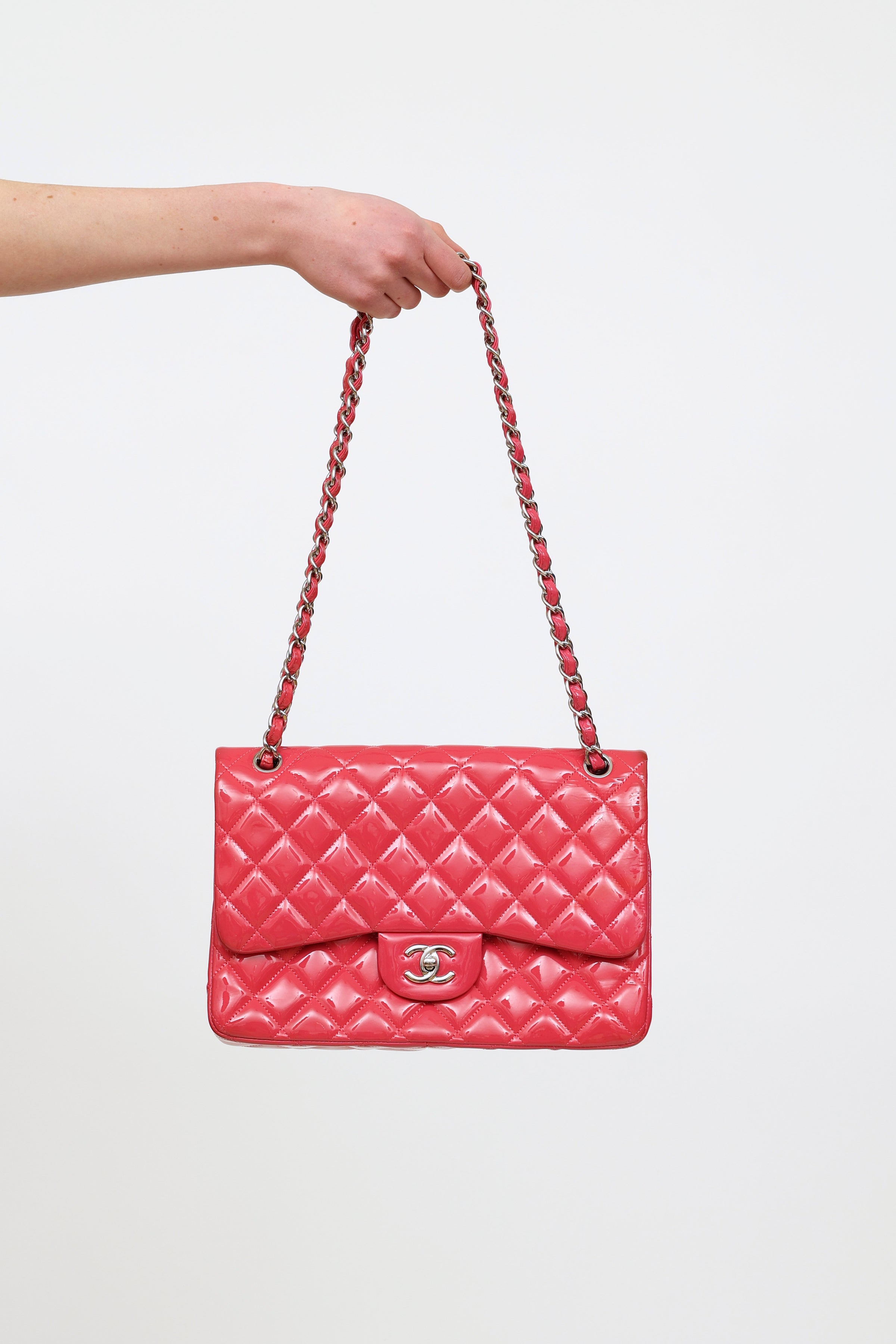 Chanel Pink Quilted Patent Leather Jumbo Double Flap Bag with