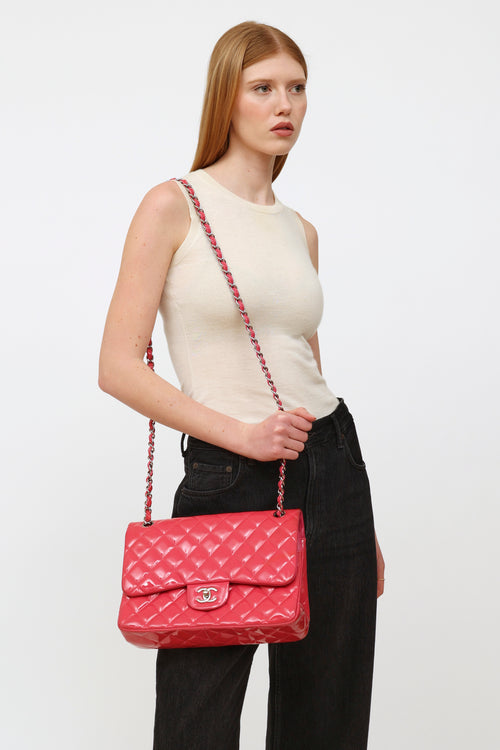 Chanel Fuchsia Patent Quilted Jumbo Double Flap Bag