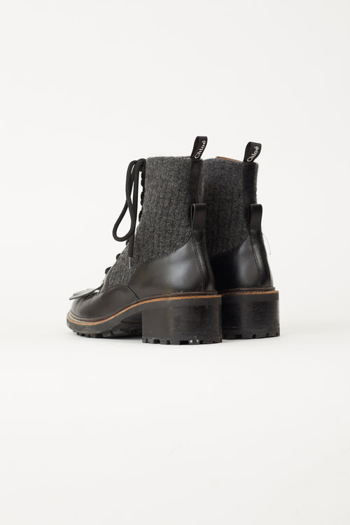 Chloé Black Leather & Dark Grey Franne Sock Ankle Boot